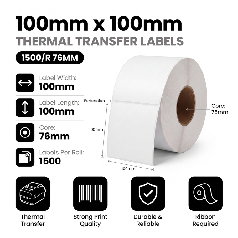 100mm x 100mm thermal transfer labels specifications: 100mm label width, 100mm label length, 76mm core, 1500 labels per roll, perforated, ribbon required