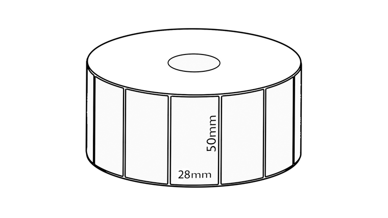 White 50mm x 28mm direct thermal label roll on a 25mm core, 2000 labels per roll
