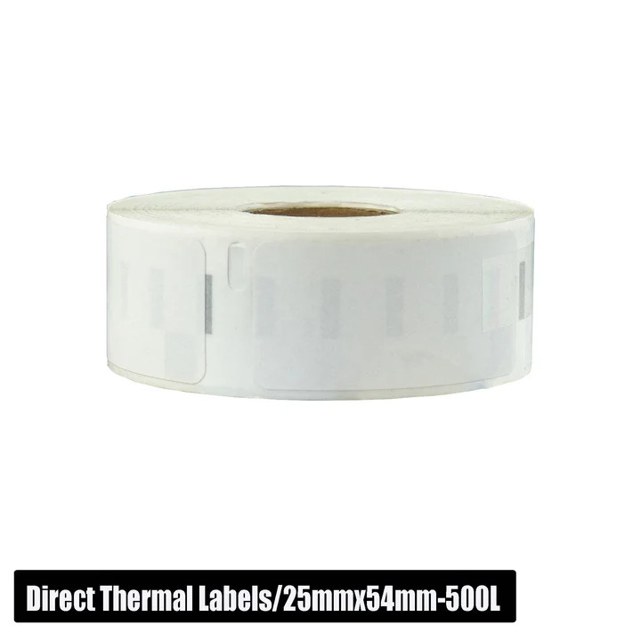 White 25mm x 54mm direct thermal label roll, 500 labels per roll