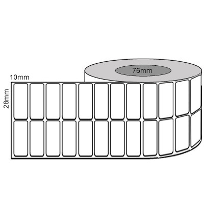 White 28mm x 10mm thermal transfer label roll on a 76mm core, 20000 labels per roll