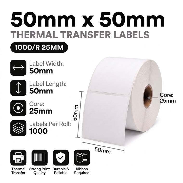 50mm x 50mm thermal transfer labels specifications: 50mm label width, 50mm label length, 25mm core, 1000 labels per roll, non-perforated, permanent adhesive, ribbon required