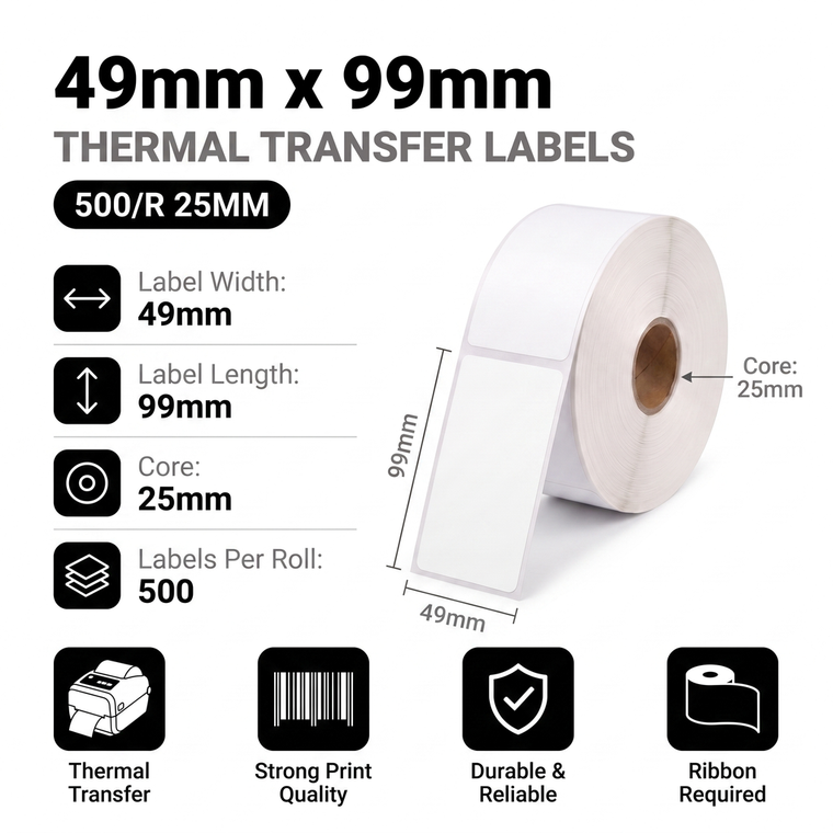 49mm x 99mm thermal transfer labels specifications: 49mm label width, 99mm label length, 25mm core, 500 labels per roll, ribbon required