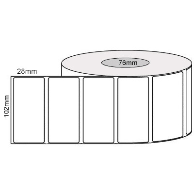 White 102mm x 28mm thermal transfer label roll on a 76mm core, 4000 labels per roll
