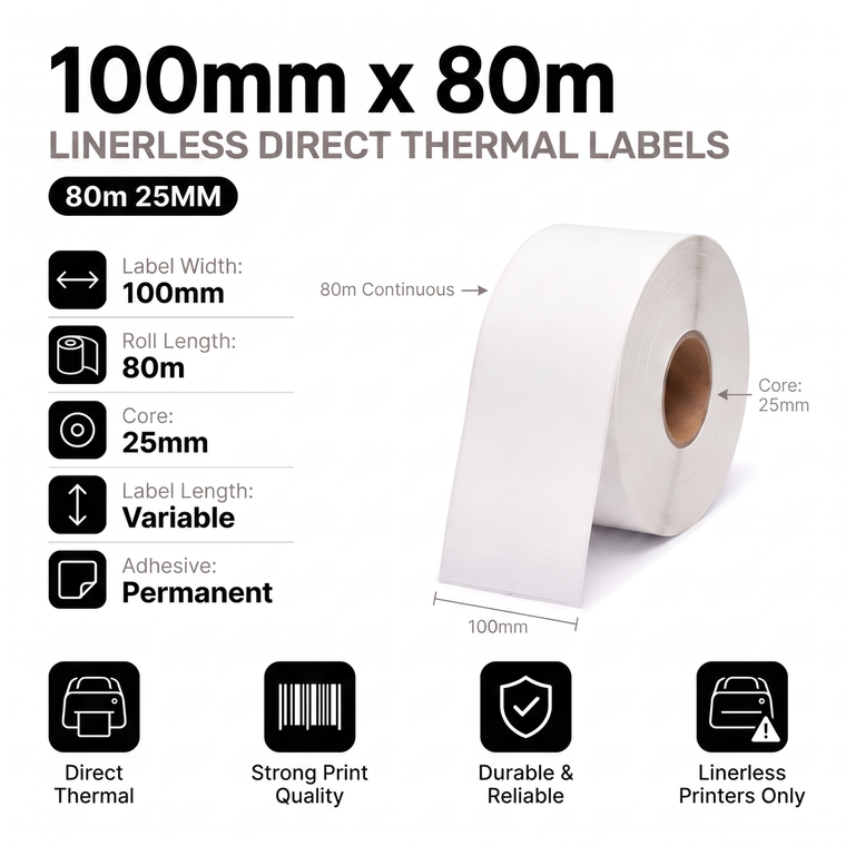 100mm x 80m continuous direct thermal linerless labels specifications: 100mm label width, 80m roll length, 25mm core, variable label length, permanent adhesive, linerless printers only