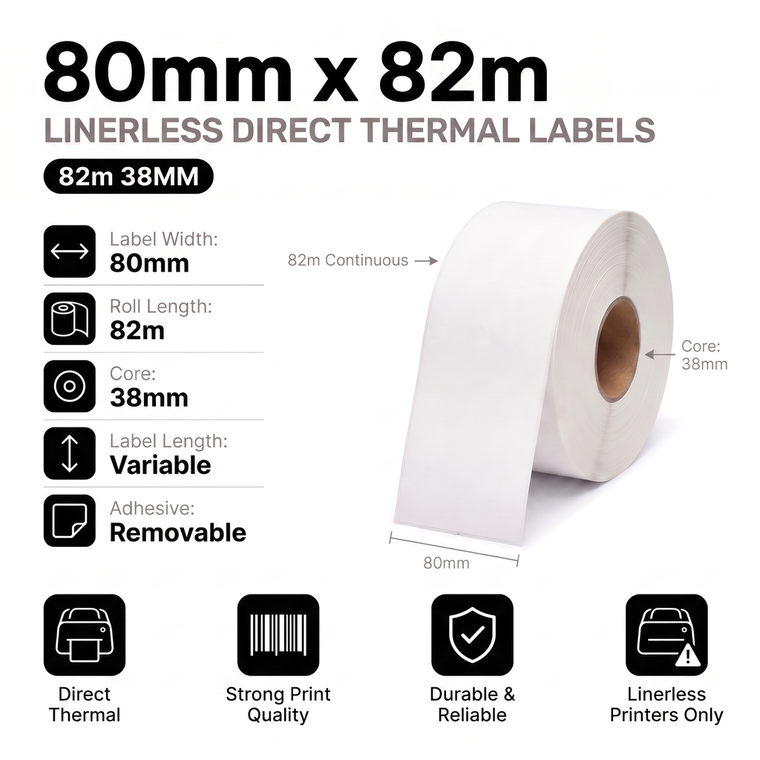 80mm x 82m removable direct thermal linerless labels specifications: 80mm label width, 82m roll length, 38mm core, variable label length, removable adhesive, linerless printers only