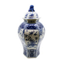 Blue & White Hexagonal Floral Bird Medallion Temple Porcelain Jar