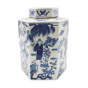 Blue & White Hex Tea Porcelain Jar Ancient People