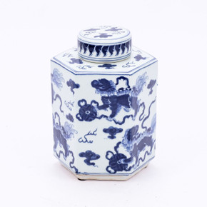 Blue & White Lion Hexagonal Tea Jar