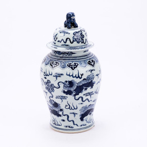 Blue And White Foo Dog Temple Jar