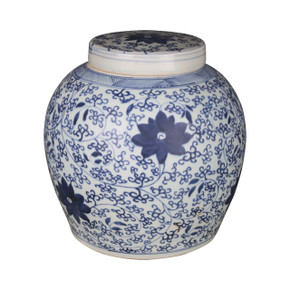Blue & White Twisted Vine Floral Lidded Ming Jar Large