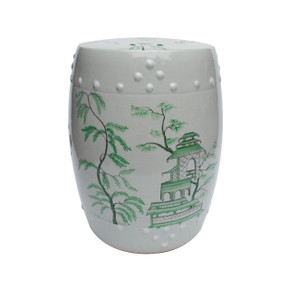 White Porcelain Garden Stool With Green Chinoiserie Motif
