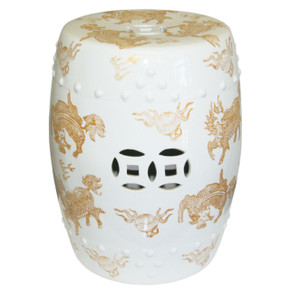 White Porcelain Garden Stool Gold Kylin