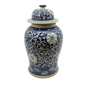 Blue & White Dynasty Curly Vine & Flower Temple Porcelain Jar