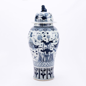 Blue & White Fish Temple Porcelain Jar Lion Lid - XL
