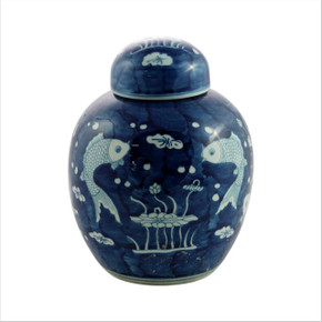 Small Lidded Porcelain Jar Blue With White Fish Motif