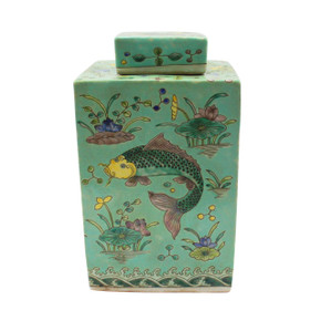 Green Square Tea Porcelain Jar Fish Motif