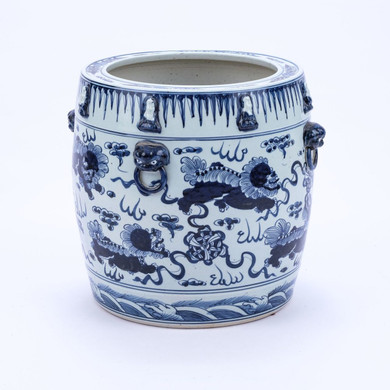 Blue & White Lion Drum Shape Planter 16H