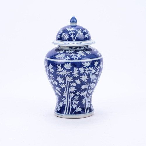 Blue & White Bamboo Magpie Temple Jar - Medium