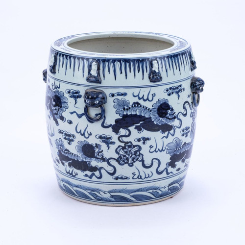 Blue & White Lion Drum Shape Planter 16H