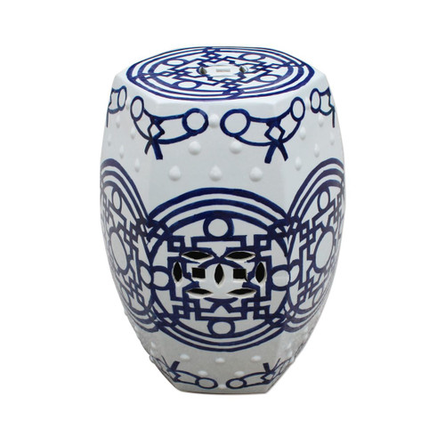 Blue & White Pattern of Lines Hexagonal Stool