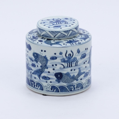 Blue & White Fish Cylinder Tea Jar