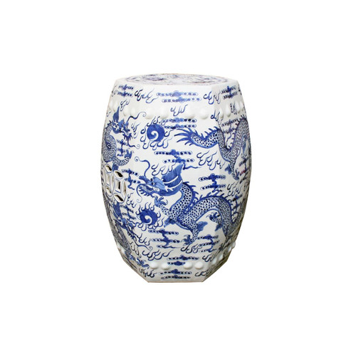 Blue & White Hex Fire Ball Dragon Garden Stool
