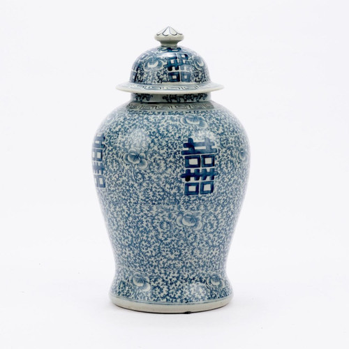 Blue & White Double Happiness Floral Temple Jar