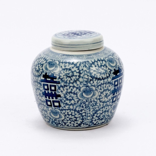 Blue & White Double Happiness Floral Lidded Jar