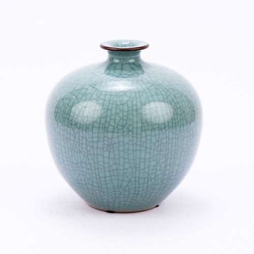 Crackle Celadon Pomegranate Vase W/ Brown Lip