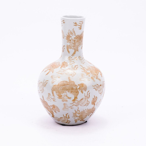 White Globular Vase Gold Kylin - 17H