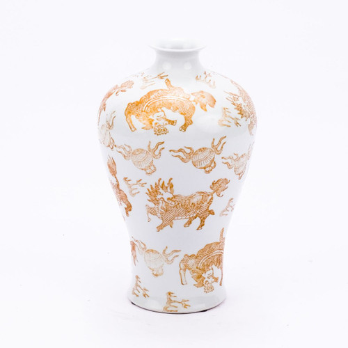 White Plum Vase Gold Kylin - 17H