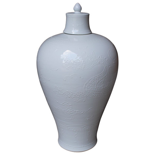 White Carved Dragon Plum Vase With Lid