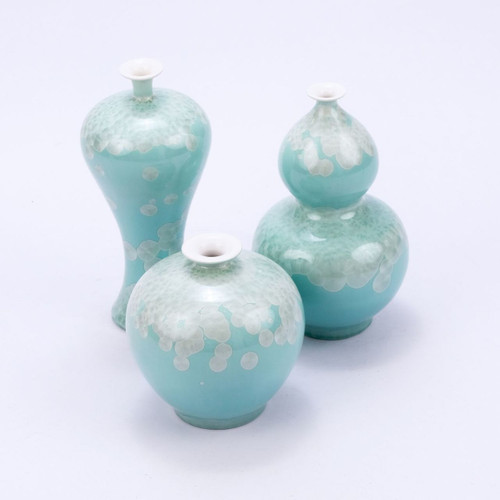 Chinoiserie Green Crystal Shell Vases - Set of 3