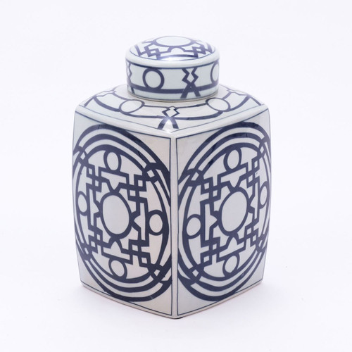 Blue & White Square Tea Jar With Pattern of Lines - Large