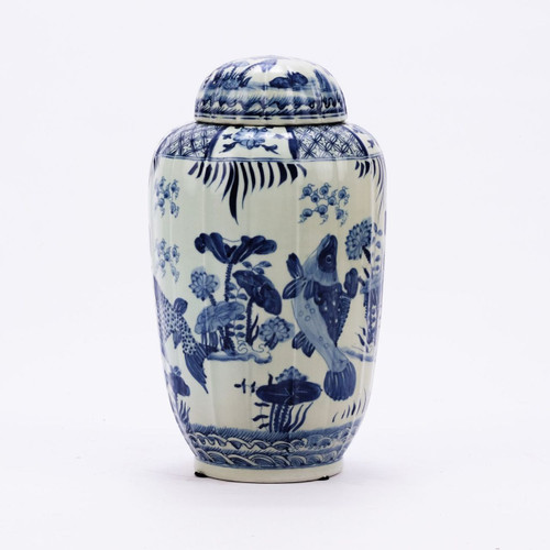 Blue & White Fluted Tea Jar Fish Motif