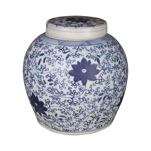 Blue & White Twisted Vine Floral Lidded Ming Jar Large