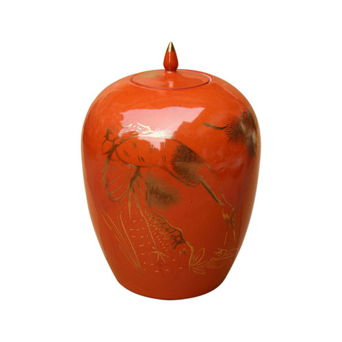 Orange Ginger Jar With Gilt Pine & Crane