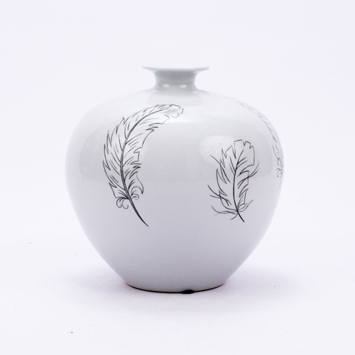 White Pomegranate Vase With Black Feathers