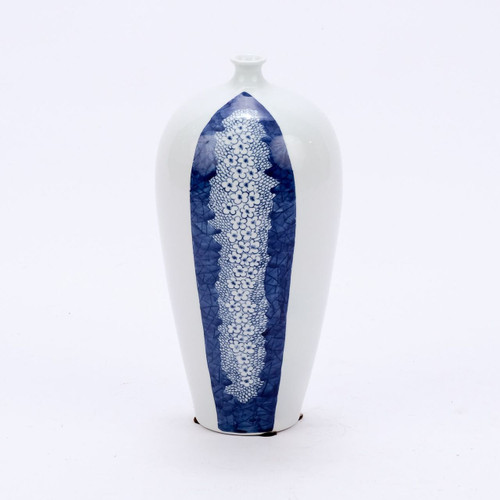 White Prunus Vase With Blue Plum Petals