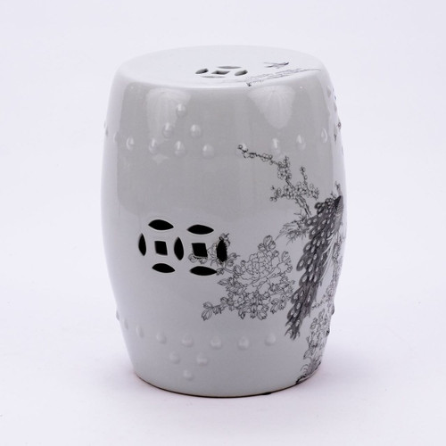 White Porcelain Garden Stool Black Peacock Motif