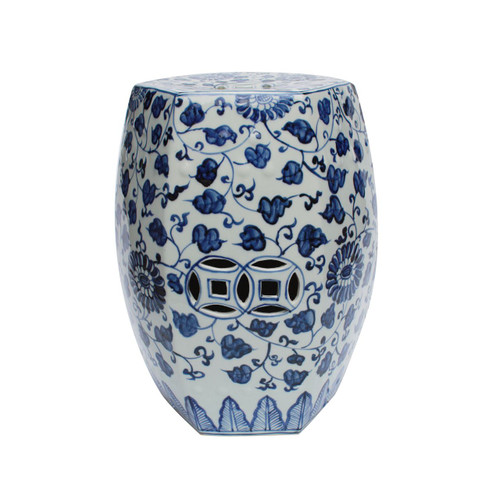 Blue & White Hex Porcelain Garden Stool Grape Vines