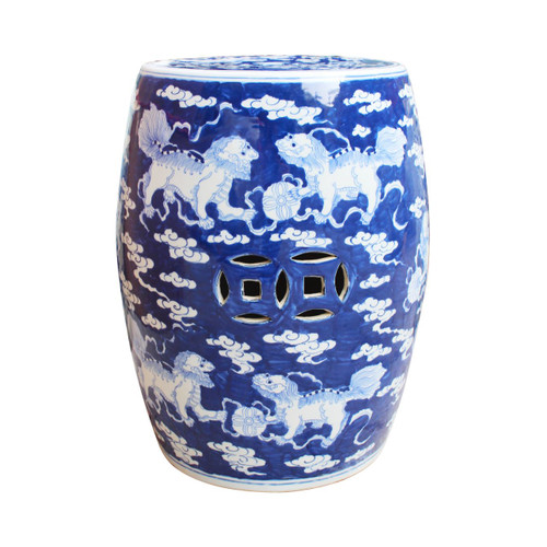 Blue and White Porcelain Porcelain Garden Stool White Lion Motif