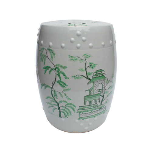 White Porcelain Garden Stool With Green Chinoiserie Motif