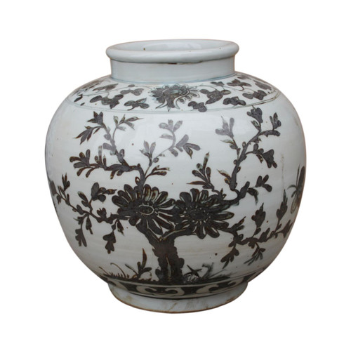 Blue & White Yuan Flower Bird Open Top Porcelain Jar