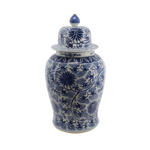 Blue & White Peacock Lotus Temple Porcelain Jar - XL