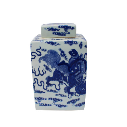 Blue & White Foo Dog Square Tea Porcelain Jar
