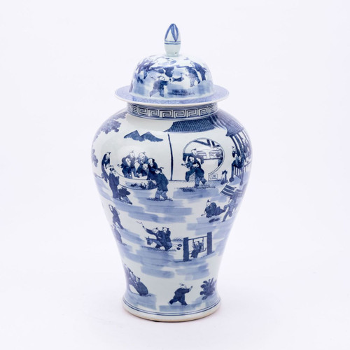 Blue White Hundred Boys Temple Porcelain Jar Large