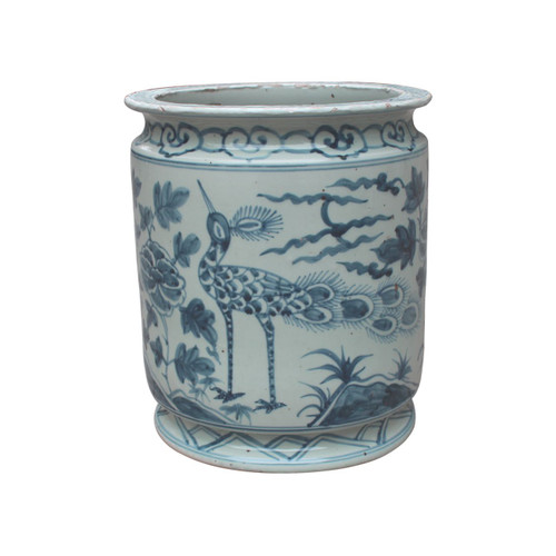Blue and White Orchid Pot Bird Motif