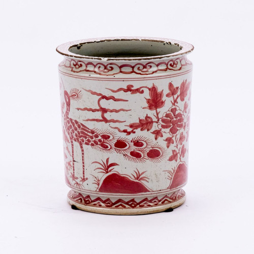 Underglazed Red Orchid Pot Bird Motif