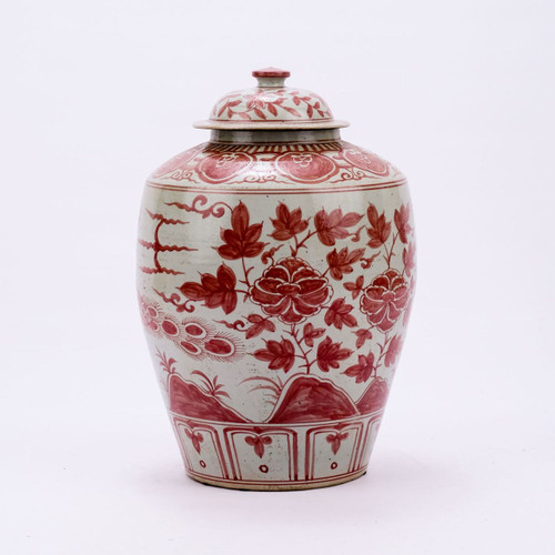 Underglazed Red Barn Porcelain Jar Bird Motif